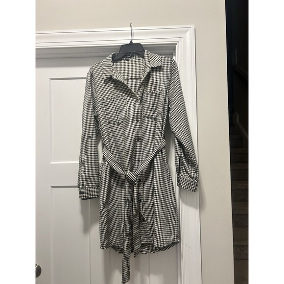 Black White Checkered Houndstooth Long Sleeve Button Down Shirt Dress Size Large - Picture 1 of 7